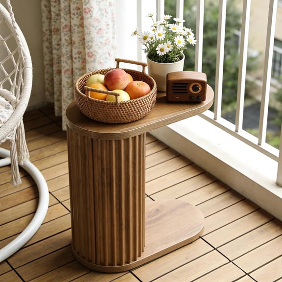 Tribesigns C-Shaped End Table, Farmhouse Fluted Side Table Narrow End Table with Oval Top for Living Room Bedroom, Brown