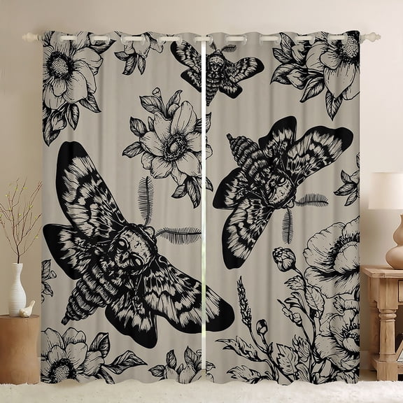Feelyou Western Moth Women Black Out Curtains, Grey Bohemian Mandala Curtains Pack of 2 (42x63 Each), Hippie Flower Floral Bedroom Curtains, Curtains and Drapes Room Decor
