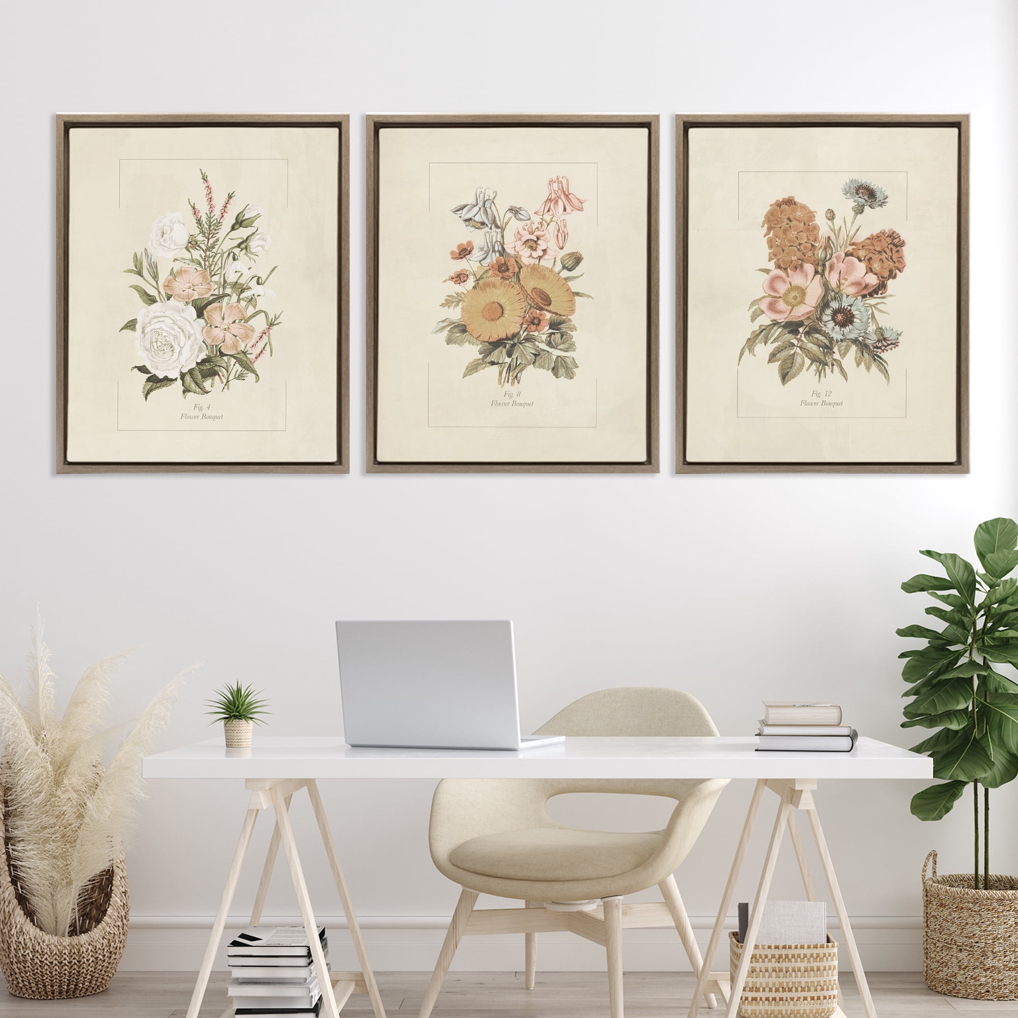 Stupell Industries Neutral Bouquet Studies 3 Piece Brown Framed Floater Canvas Set, design by Dan Meneely