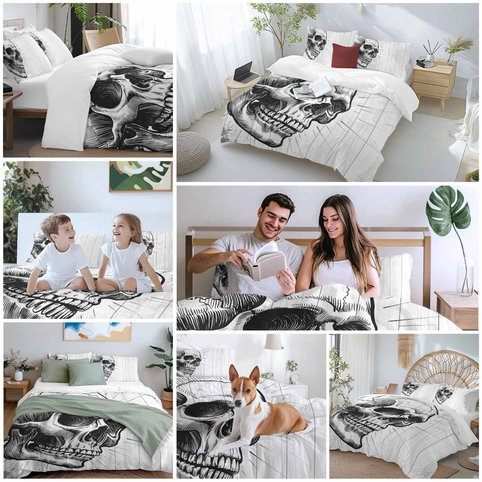 Horror Skull Bedding 3 Piece Duvet Cover Set California King, Black Skeleton Spooky Halloween Soft Microfiber Comforter Cover with Zipper Closure & Pillowcases, Wrinkle & FadeResistant Quilt Cover