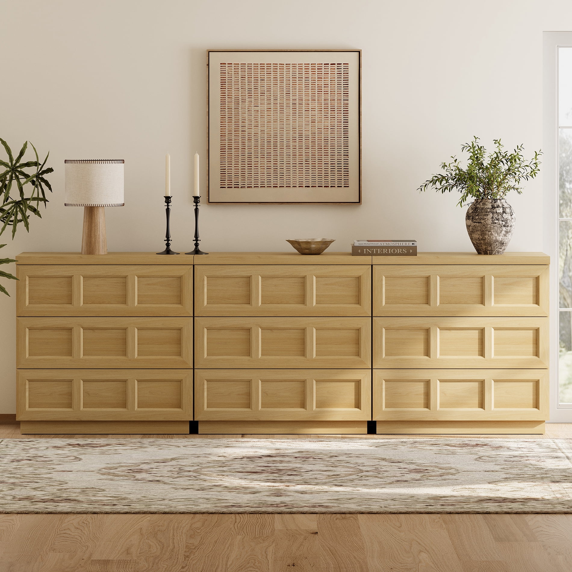 HOMOOI 9-Drawer Sideboard Cabinet, Boho 94.5" Thickened Wood Storage Buffet Console with Pop-Up Rebound Drawers, Smooth Silent Gliding Design, Anti-Wobble Stable Accent Cabinet for Dining Room,Oak