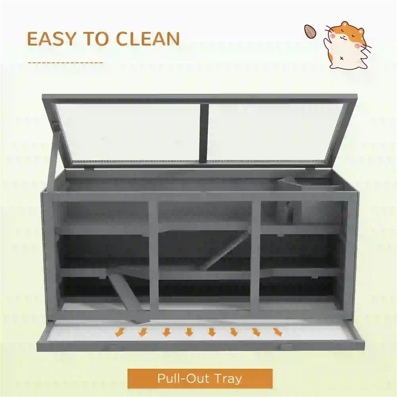 Kadyn 45" Wooden Hamster Cage with Opening Roof, Hut, Ramps, Large Small Animal Habitats for Guinea Pig Cages, Gray