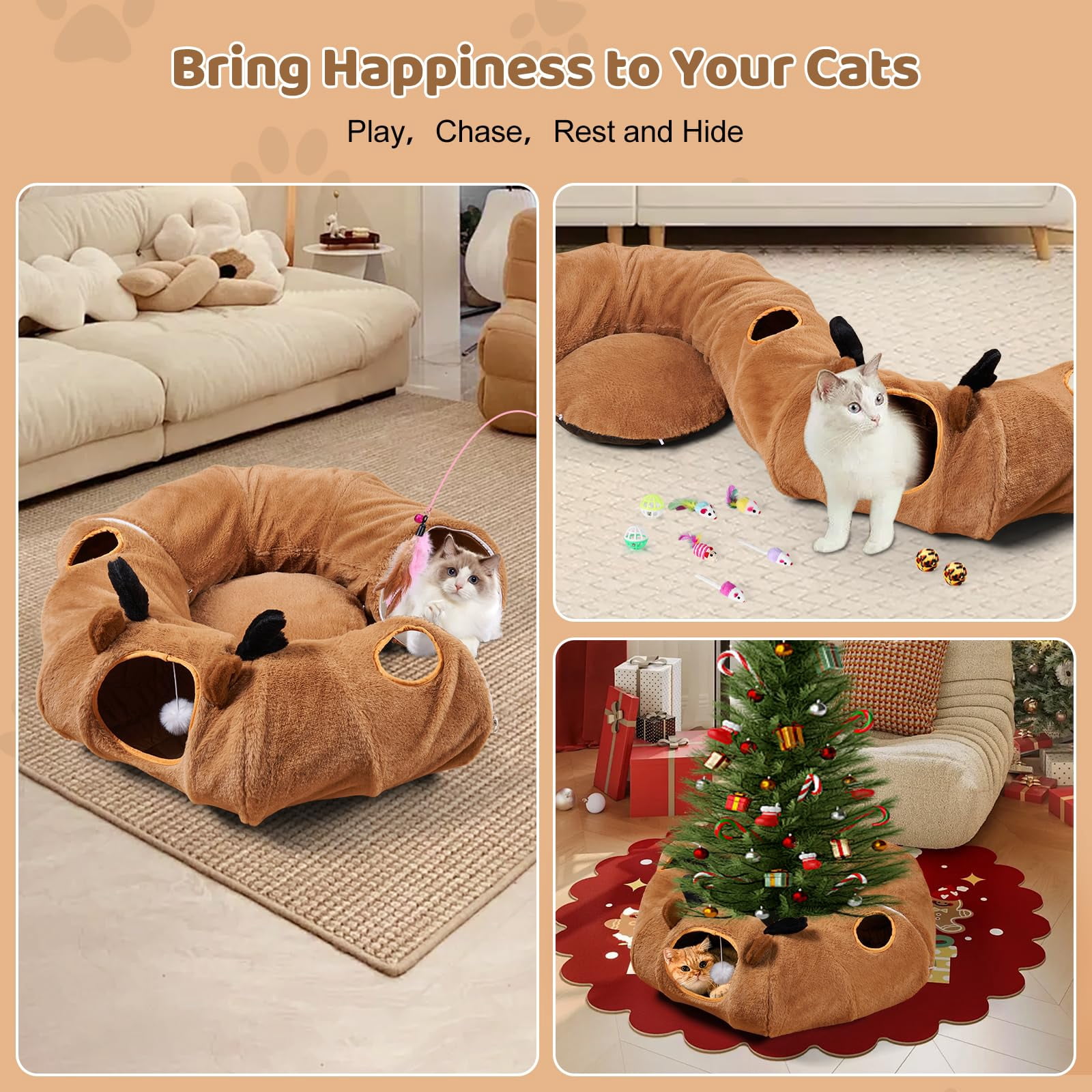Cat Tunnel Bed With 20 Interactive Toys  3-in-1 Diy Collapsible Plush Tube Washable Mat Large Indoor Play Cave For Kittens And Small Animals