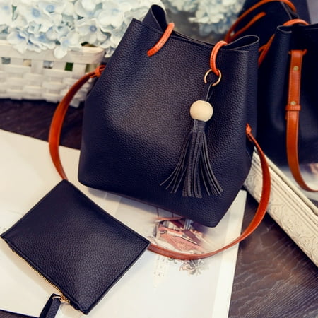 Drawstring Hobo Bag - Women Tassels Bucket Bag PU Drawstring Crossbody Bag Shoulder Bag with Detachable Wallet - Black