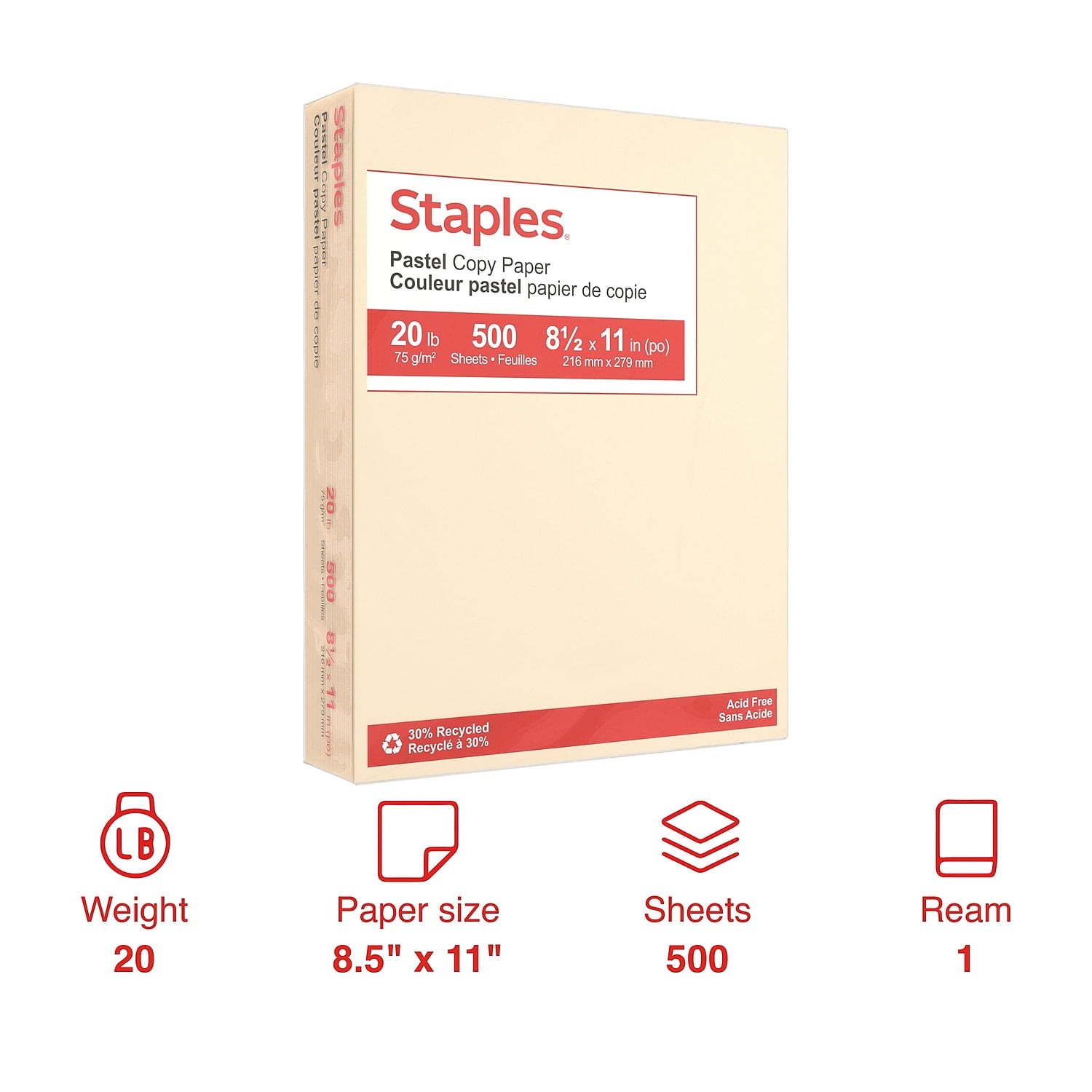  STP073060  Staples 30% Recycled Pastel Coloured Copy Paper -  Letter - 8-1/2 x 11 - Blue - 500 Pack
