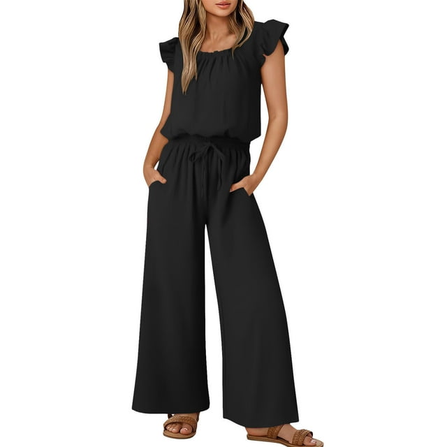 Cinvoph Jumpsuits for Women Summer Ruffle Sleeves Crew Neck Drawstring Rompers Wide Leg Casual Loose Overalls with Pockets