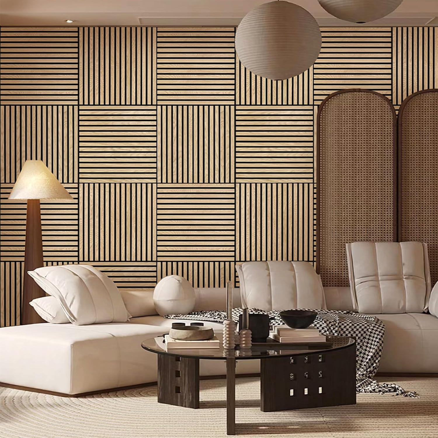 UNISOAR 23.6" x 23.6" Genuine Wood Veneer Acoustic DIY Wall Panels 3D Slat Decorative (4 Pcs)