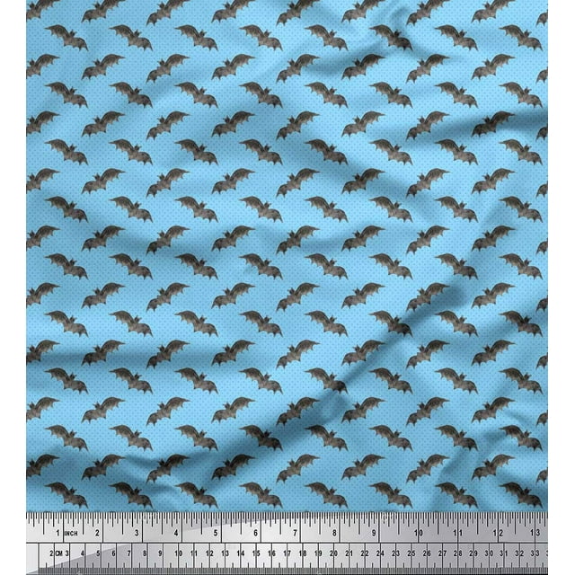 Soimoi Blue polyester Crepe Fabric Dot & Bat Animal Fabric Prints By Yard 42 Inch Wide