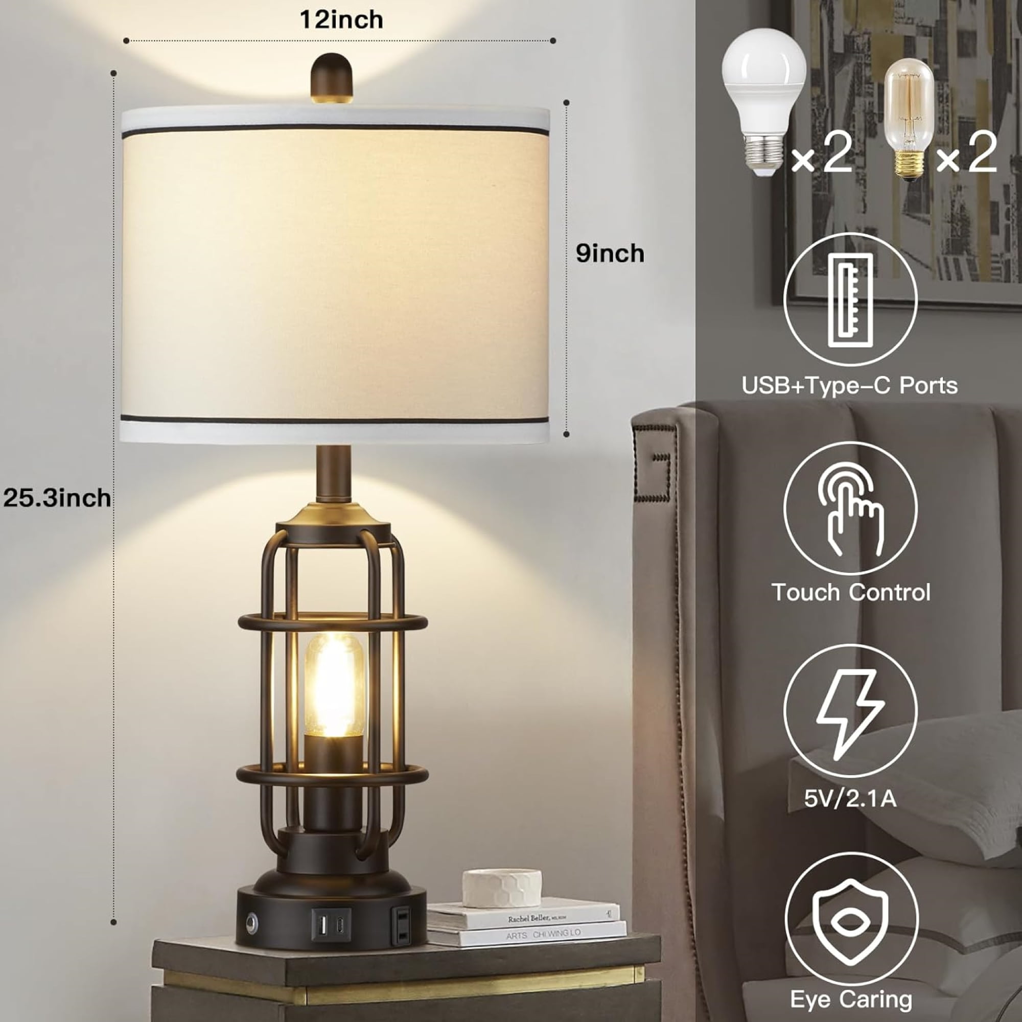 Cinkeda Modern Table Lamp for Living Room Bedroom Single Industrial 3 Way Dimmable Touch Control Bedside Lamp with USB C+A Ports AC Outlet Nightlight