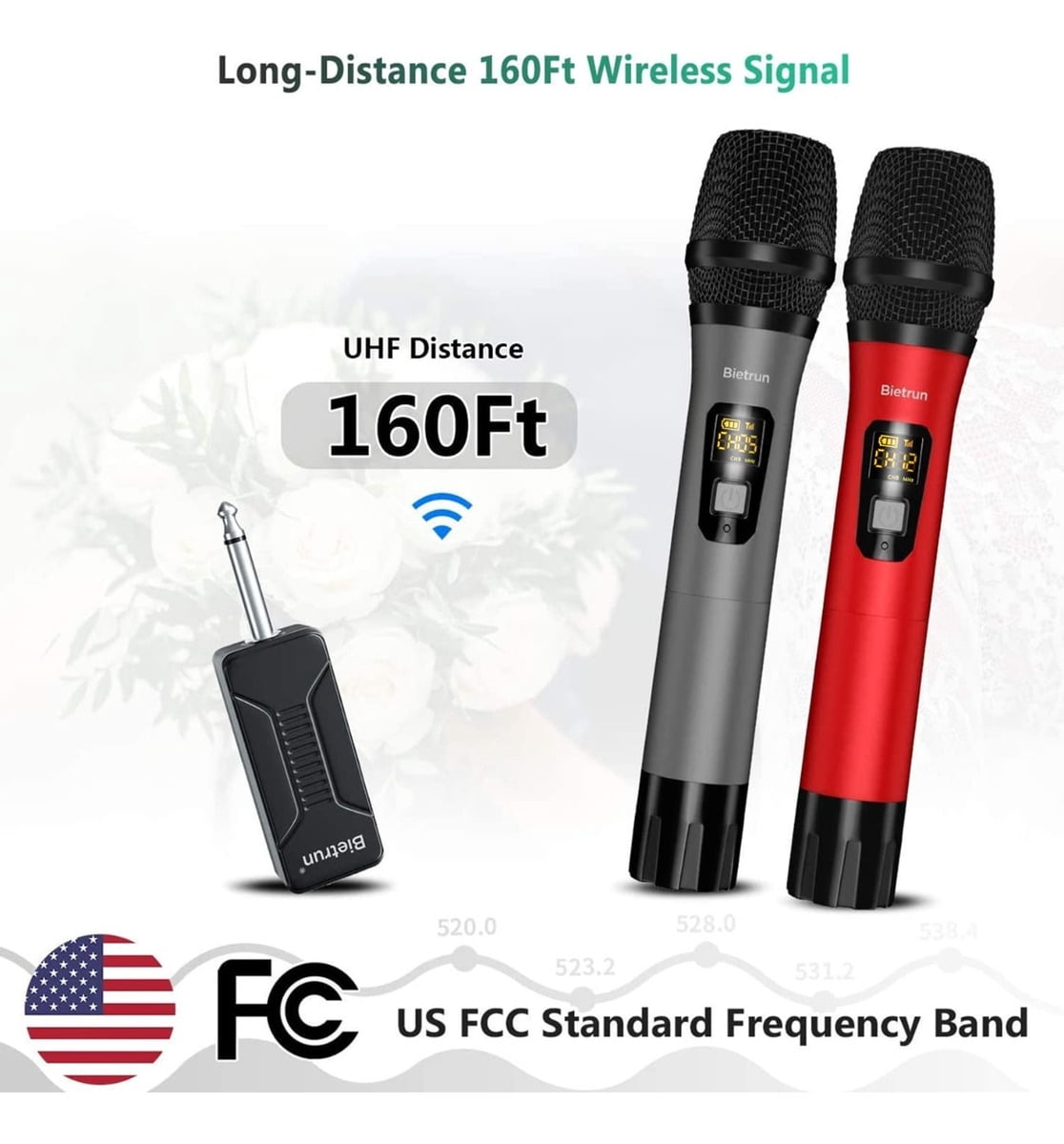 Wireless Microphone, Bietrun UHF Metal Dual Handheld Cordless Dynamic Mic System with Rechargeable Receiver, 1/4‘’Output, for Karaoke, Church, Speech, Wedding, Party Singing(160 ft Range)