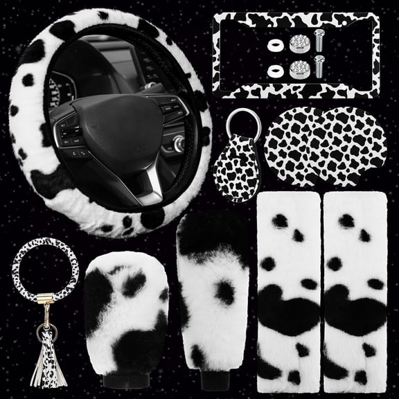 10 Pieces Cow Print Car Accessories Set Cow Fluffy Plush Steering Wheel Cover Shift Cover Handbrake Pad Cup Seat Belt Pad Bracelet Key Chain License Ornament for Women Car Interior(Black)