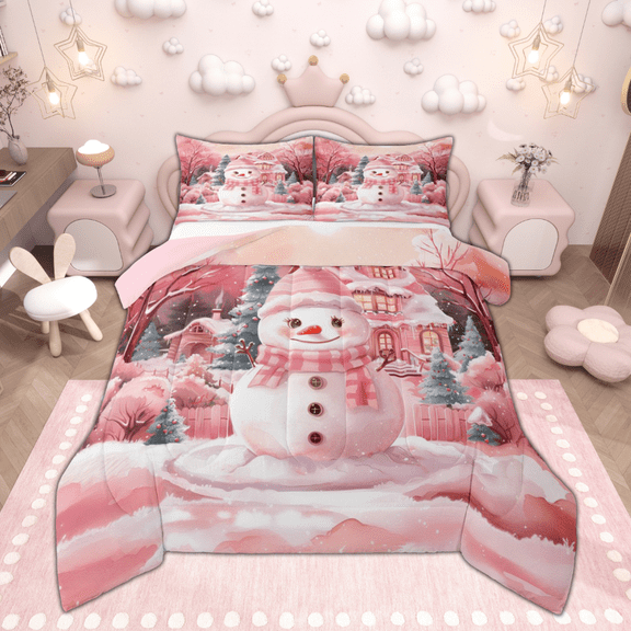 Manfei Cute Cartoon Snowman Bedding Comforter Set, Xmas Tree Gingerbread House Twin Comforter Sets, Merry Christmas Bedding Set for Girls, Breathable Home Decor Reversible 2-Piece