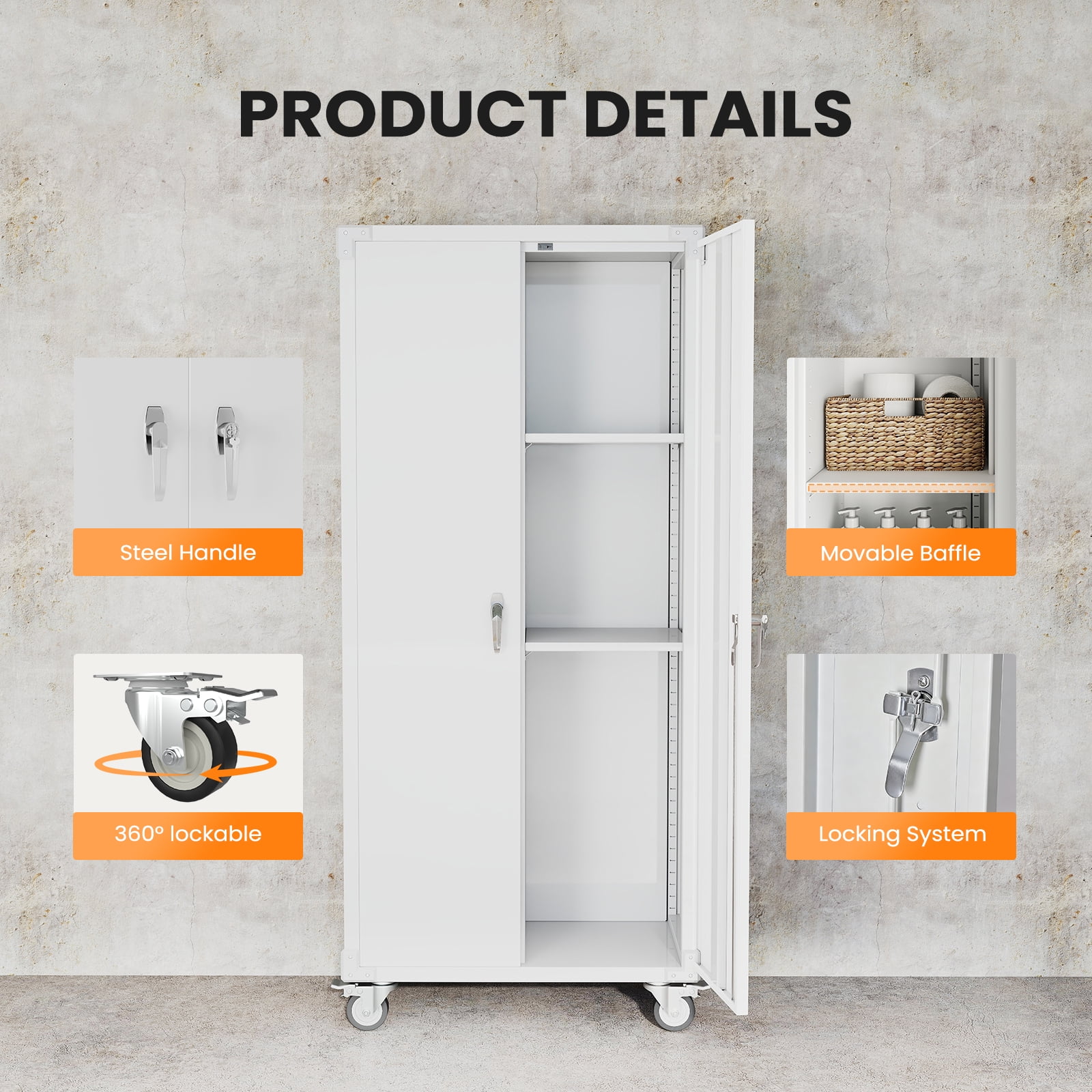 MCQ Metal Broom Storage Cabinet with Lock, Rolling Cleaning Tool Organizer for Mop, Dustpan, Garage, Laundry Room, 4 Lockable Casters, Easy Assembly