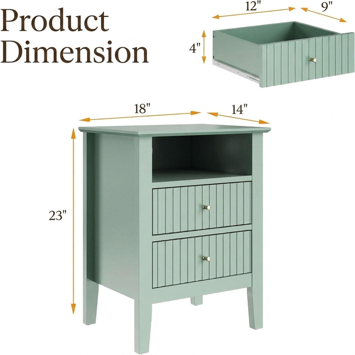 Hommoo 18"W Wooden Fluted Nightstand Set of 2,with 2 Drawers & Open Shelf, Modern Bedroom Sofa Side Table, Green