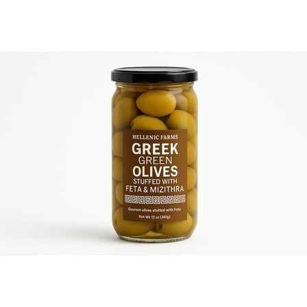 Greek Green Olives Stuffed with Feta and Mizithra Cheese - 12 oz Jar