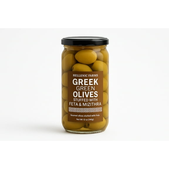 Greek Green Olives Stuffed with Feta and Mizithra Cheese - 12 oz Jar