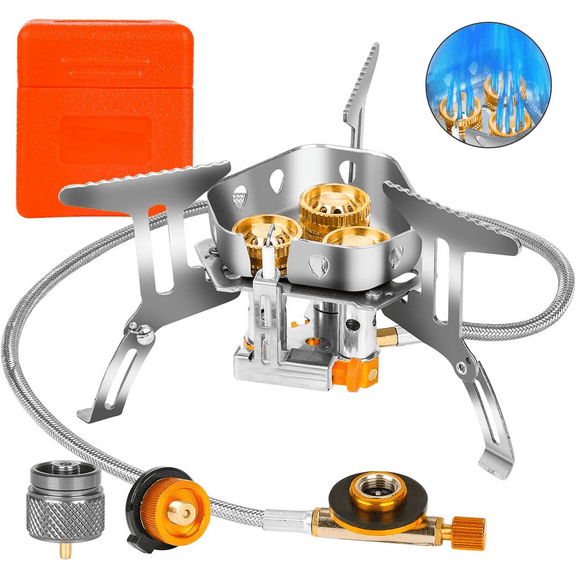 9900W Windproof Camping Gas Stove, Portable Camping Stove with Piezo Ignition, 1LB Propane Tank Adapter, Butane Adapter for Outdoor Cooking, Picnic, Camping and Hiking