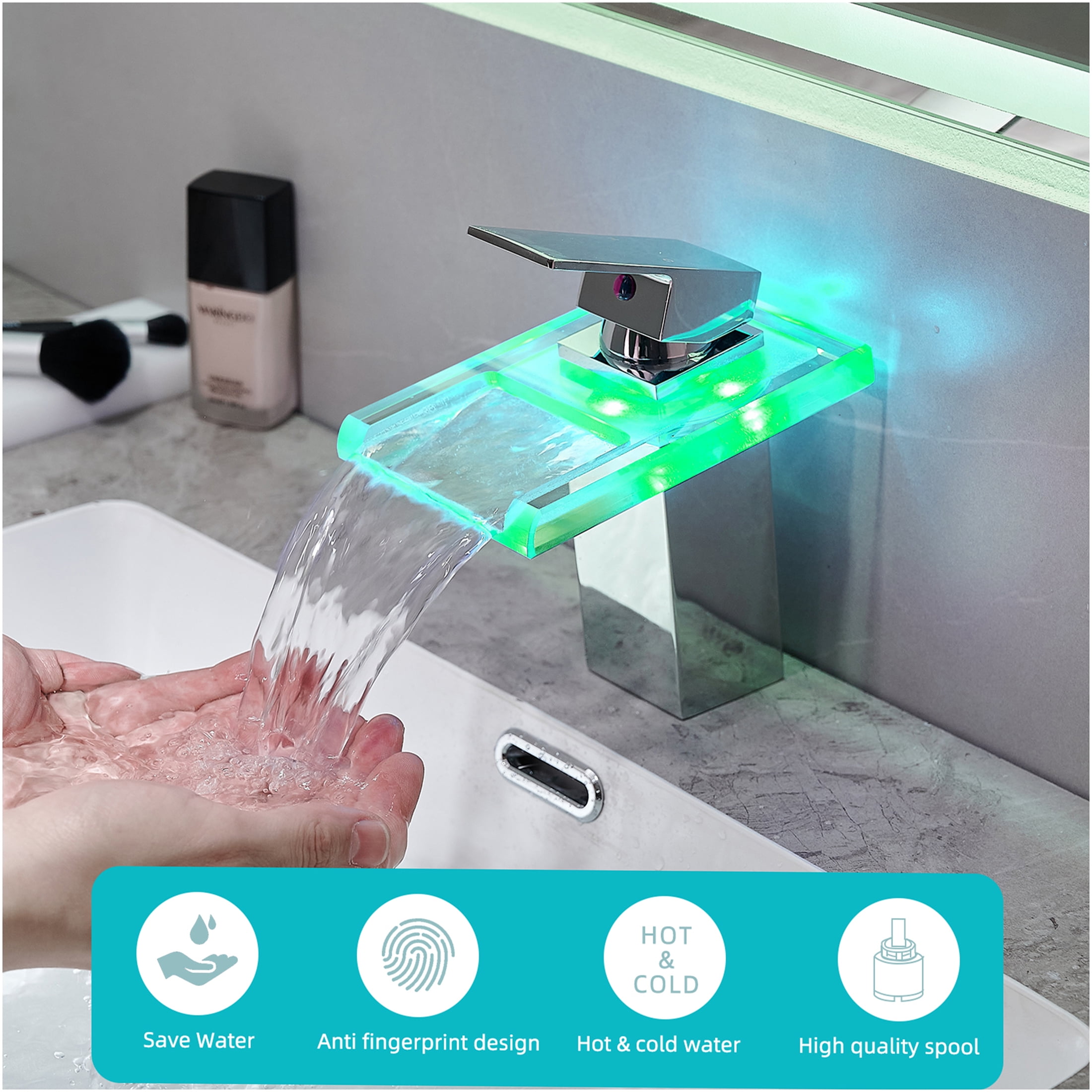 JERFIT Modern Single Hole LED Waterfall Bathroom Sink Faucet, Temperature Sensing Color Changing Light, Deck Mount Brass Vanity Faucet in Chrome