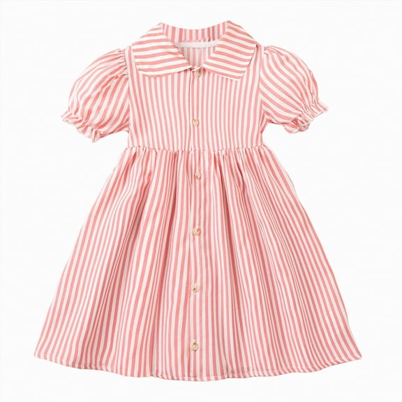 mgoYE Toddler White Dress Toddler Girl Summer Dress Kids Striped Puffed-Sleeve Casual Dresses(Pink,7-8 Years)