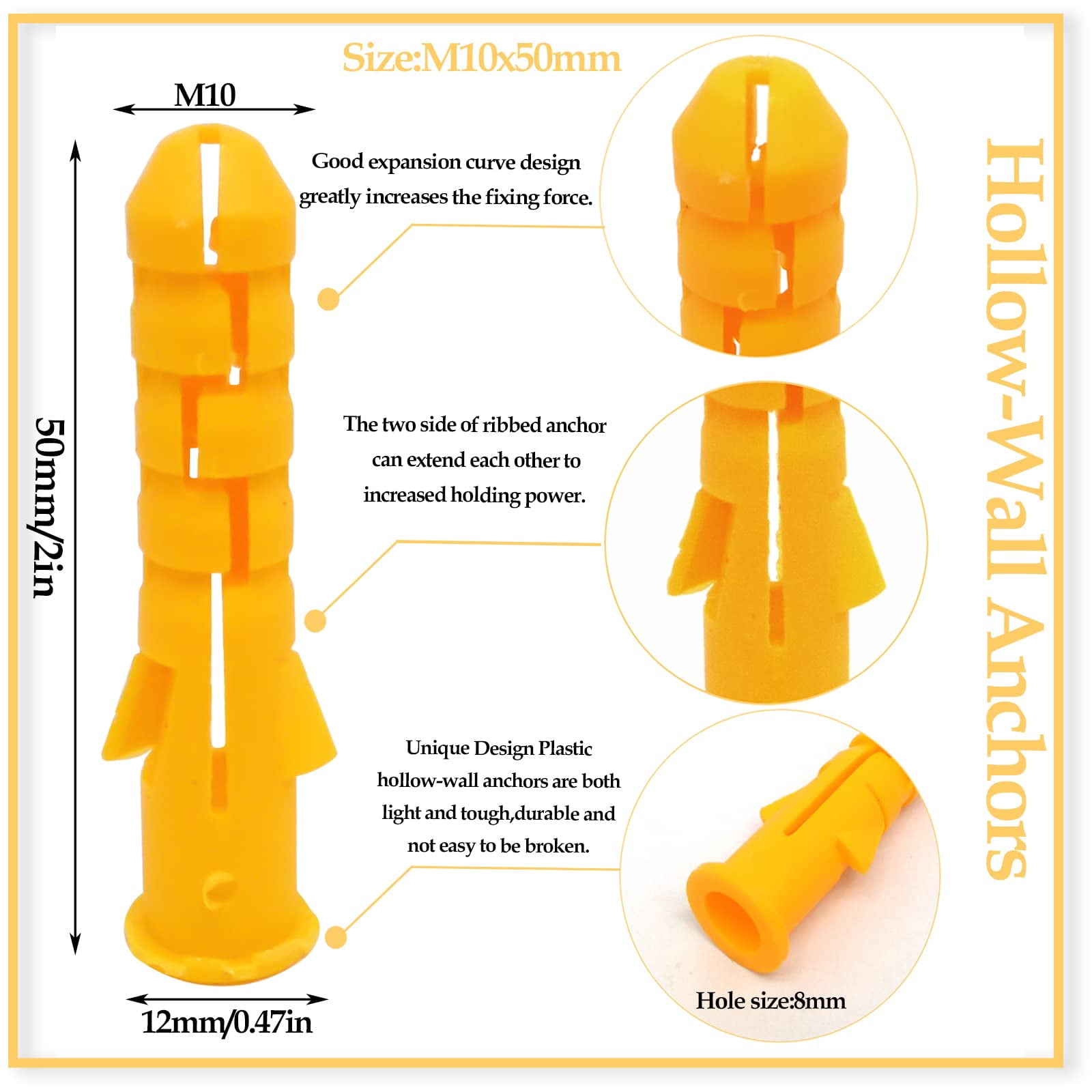 100pcs Drywall Anchors,Self Drilling Anchors Plastic Hollow Wall Anchors Plugs(M10x50mm)