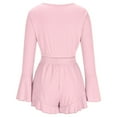thumbnail image 7 of 2 Piece Casual Outfits for Women Trendy Loose Knit Lounge Set Bell Long Sleeve Crop T Shirt Ruffle Hem Shorts Sleepwear, Pink, L, 7 of 7