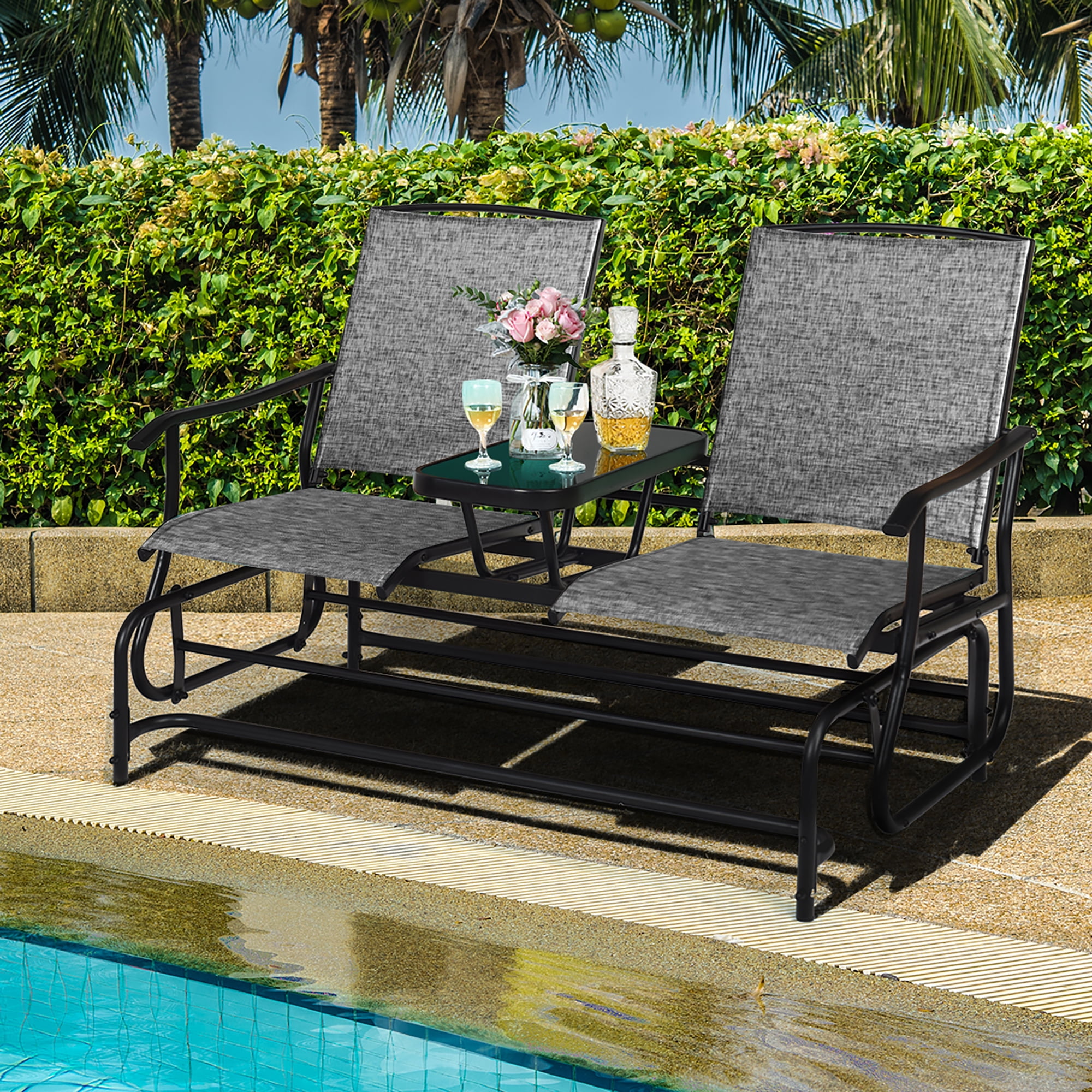 Details about   2 Person Outdoor Patio Double Glider Chair Loveseat Rocking with Center Table 