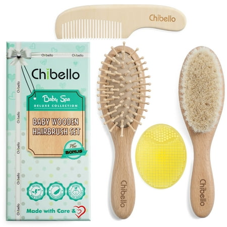 Chibello 4 Piece Wooden Baby Hair Brush and Comb Set | Natural Soft Goat Bristles Hairbrush for Cradle Cap Treatment | Wood Bristle Brush for Newborns and Toddlers | Best Baby Shower and Registry