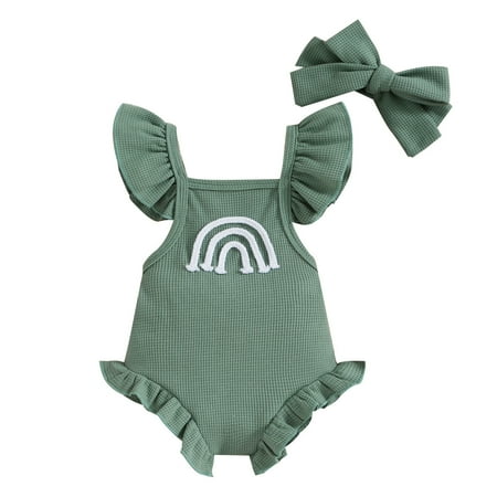 

dmqupv Boys Checke Pants Baby Girls Boys Rainbow Knit Ruffled Sleeveless Rompers Young Girl Clothes Green 3 Months