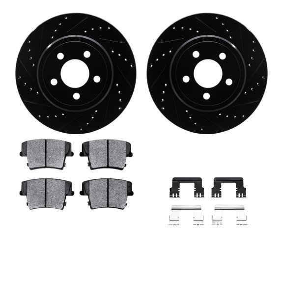 Dynamic Friction Company Rear Brake Rotors-Drilled and Slotted-Black with Heavy Duty Brake Pads includes Hardware 8212-39037