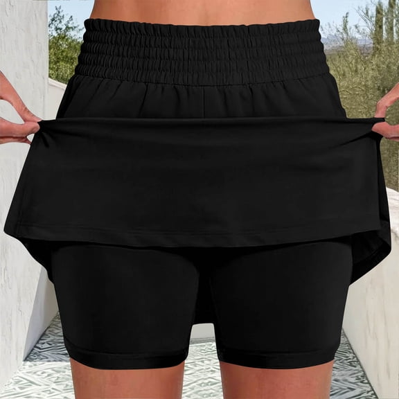 ClodeEU Women's Shirred Elastic Waist Skort ,Casual Athletic Skirt Shorts for Summer Black,Womens Plus S