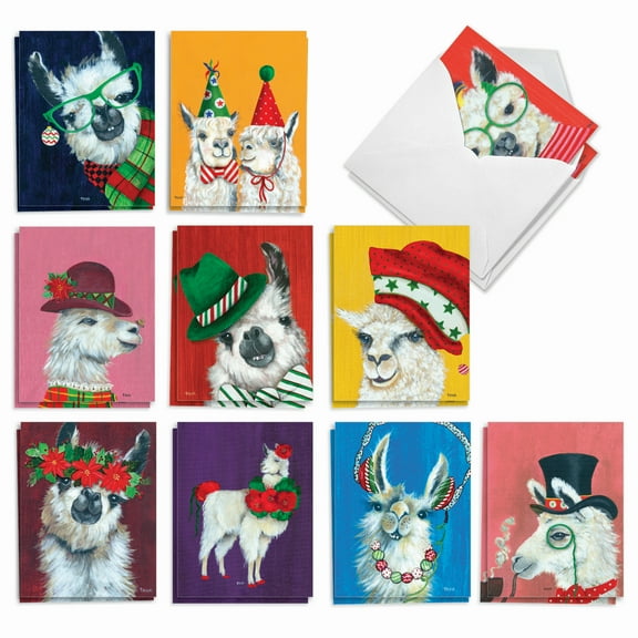 20 Merry Christmas Cards Assorted (10 Designs, 2 Each) - Personality Llamas Merry Christmas (4" x 5.12") AM7036XSG-B2x10
