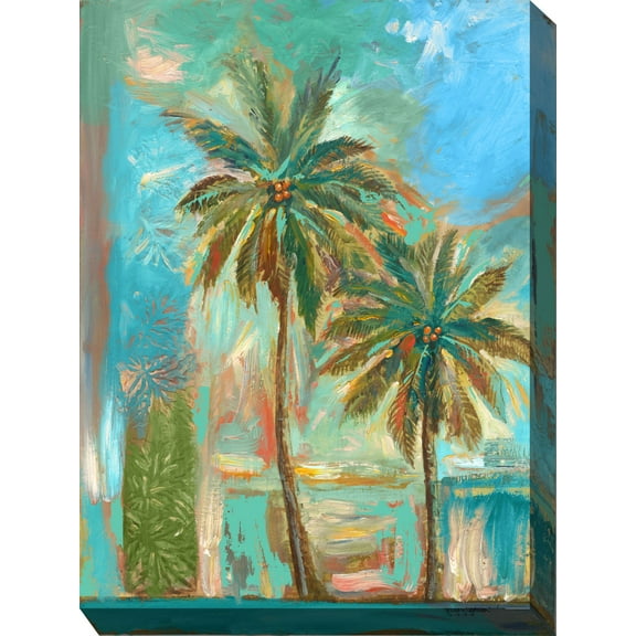 Outdoor Living and Style Green and Blue Modern Palms Outdoor Canvas Rectangular Wall Art Decor 40" x