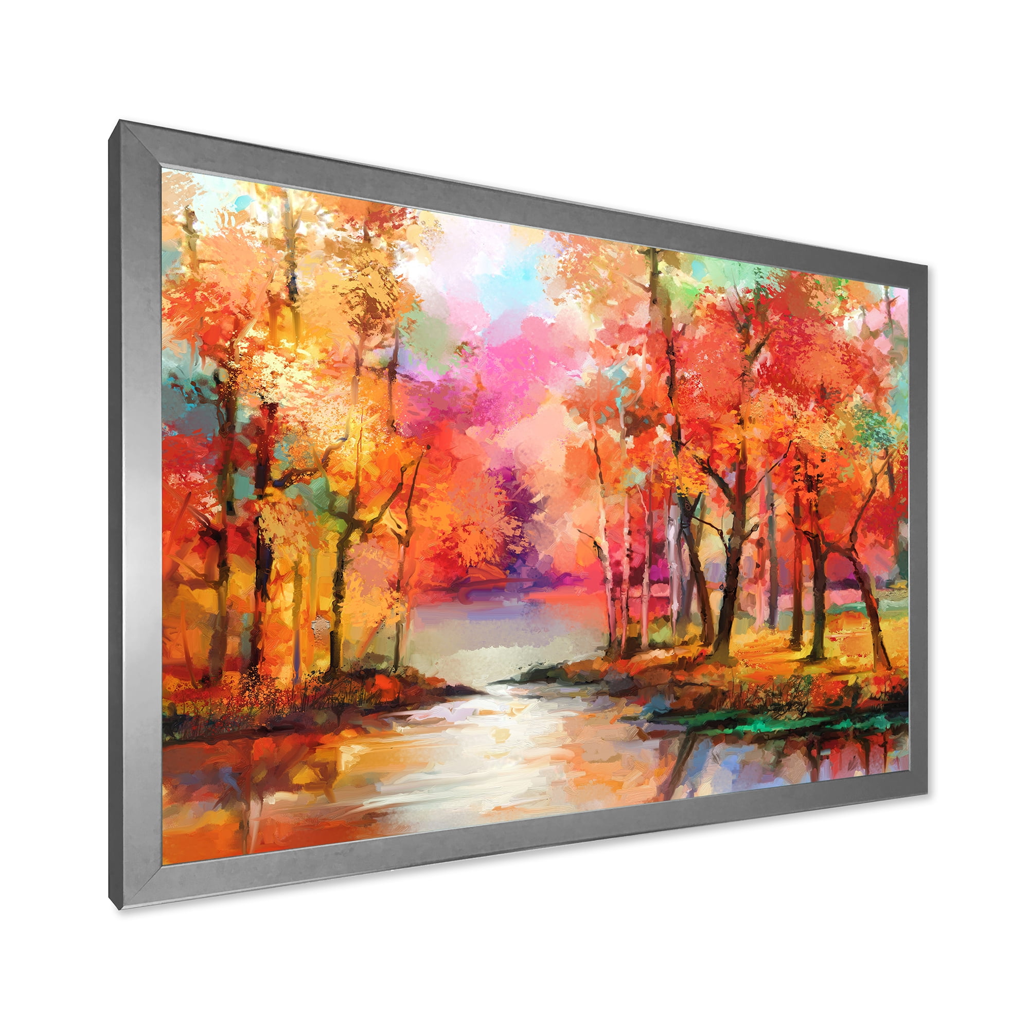 Designart 'The Lake In Autumn By Colorful Autumn Trees' Modern Framed Art Print