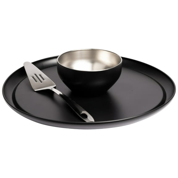 2 in 1 Black Stainless Steel Chip & Dip Serving Plate Dish Cake Stand W/ Spatula
