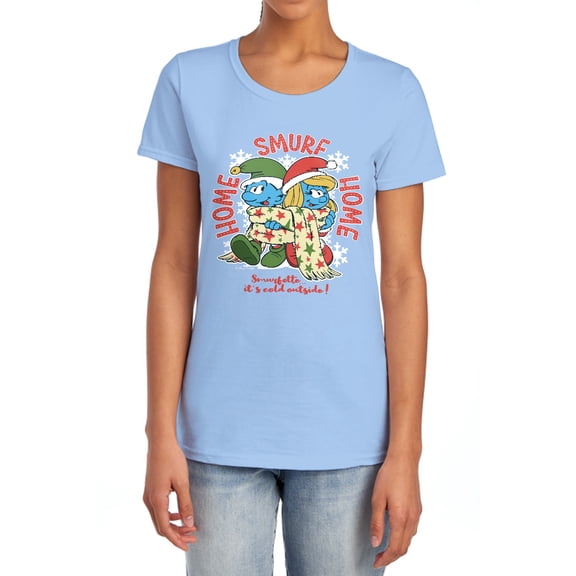 Smurfs Home Smurf Home, Christmas With Smurfette Women's T Shirt, Light Blue, 2X-Large