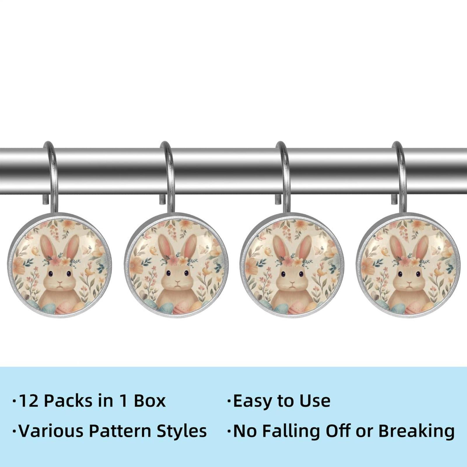 Imobaby 12 Pcs Metal Shower Curtain Hooks Rust Proof for Shower Curtain Liner - Wreath Rabbit Dinosaur Egg Apricot