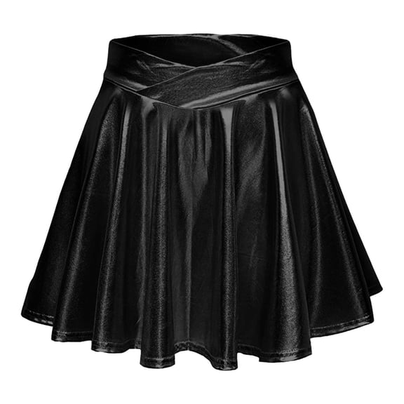YTCAMLO Shiny Flowy Womens Metallic Skirt Trendy V Crossover Pleated Mini Skirt Flared Party Skirt High Waist A Line Skirts, Black S