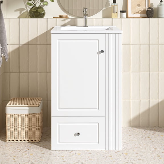 CQSXDA 20 Inch Freestanding Bathroom Vanity In White With Ceramic Sink And Storage Cabinet For Compact Spaces