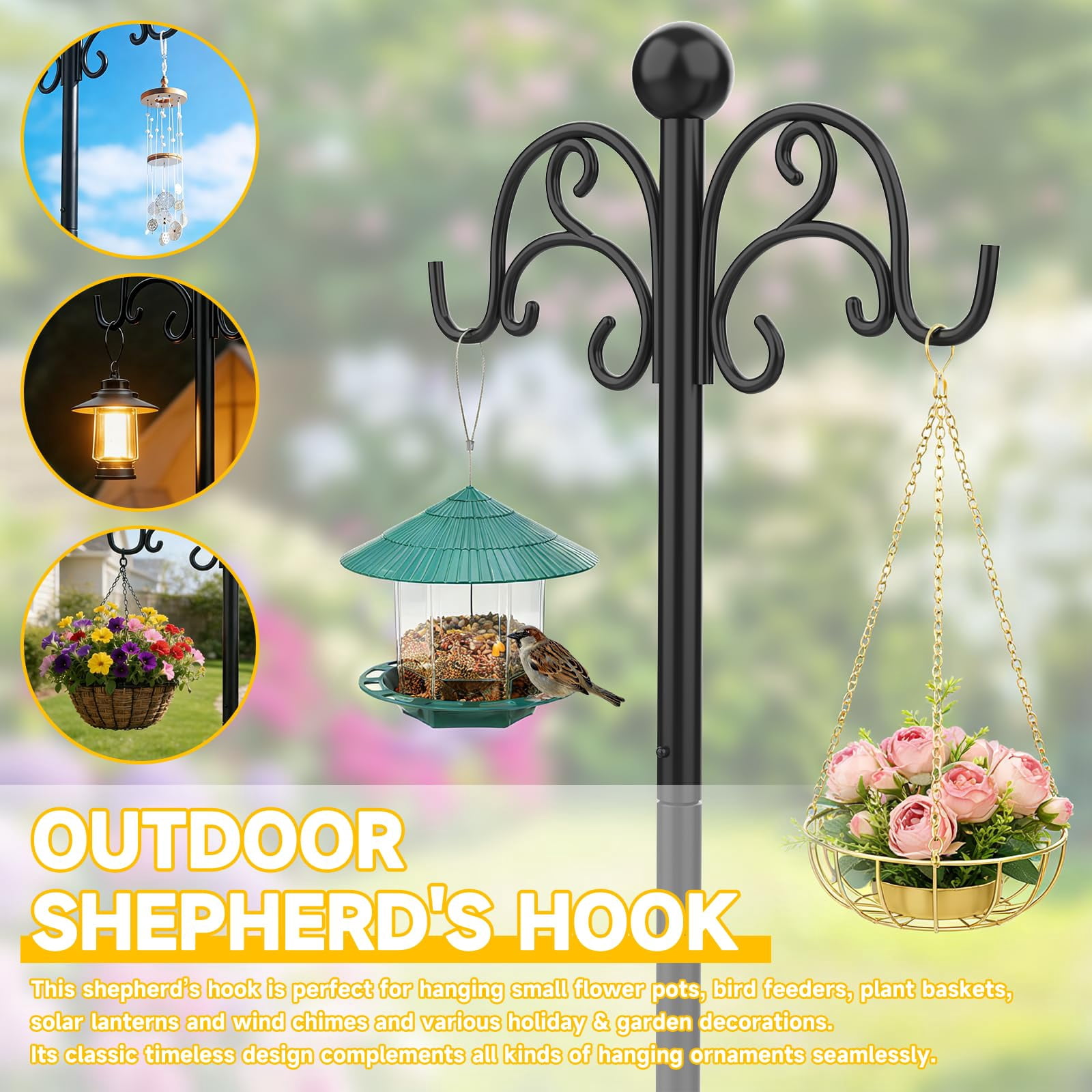 Garden Hose Holder for Outside, Garden Hose Reel with 2 Shepherds Hooks, Heavy Duty Freestanding Water Pipe Stand, Black