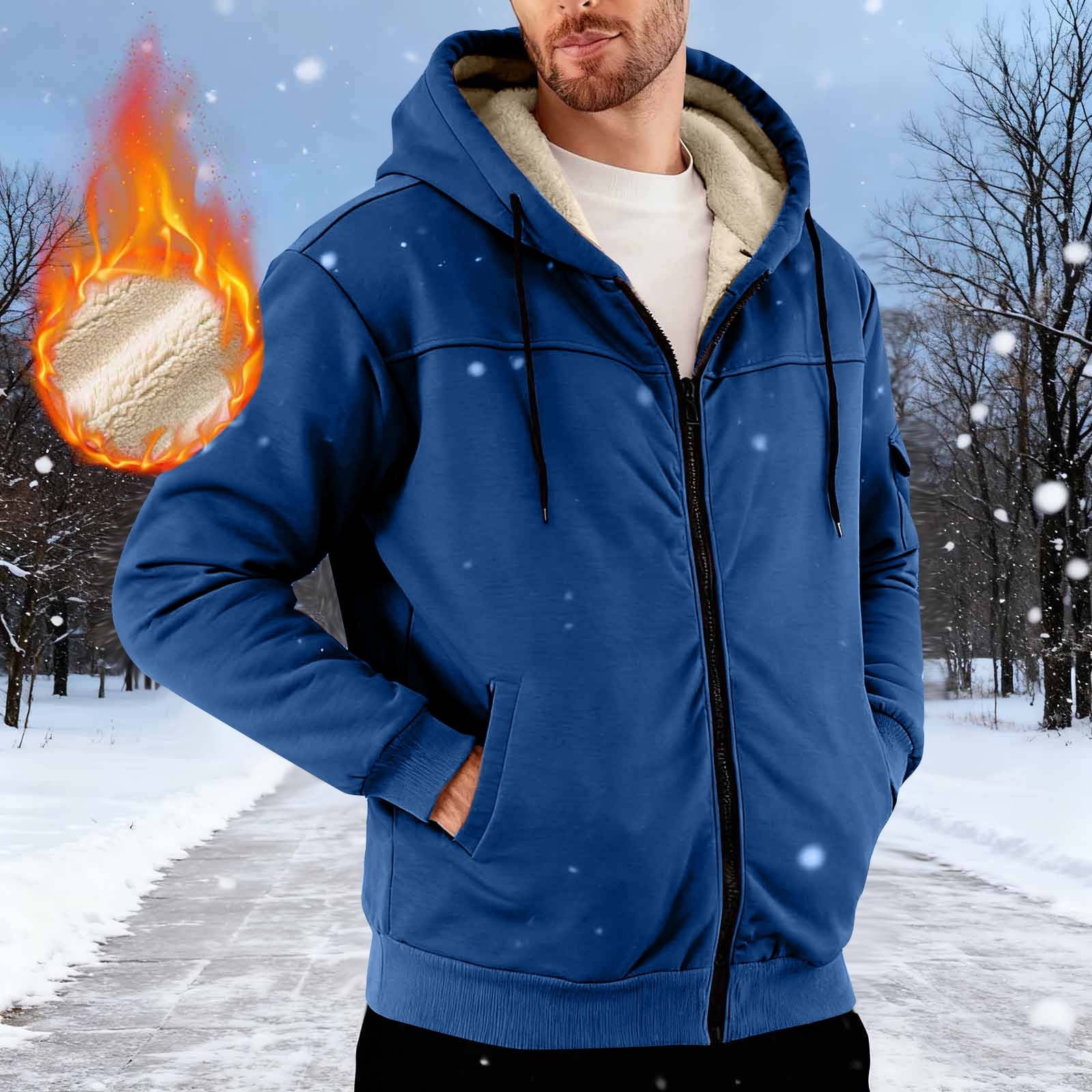 BiZtdJrK Mens Sherpa Lined Hoodie Jackets Winter Thermal Full Zip Hooded Sweatshirt with Pockets, Blue, XXL
