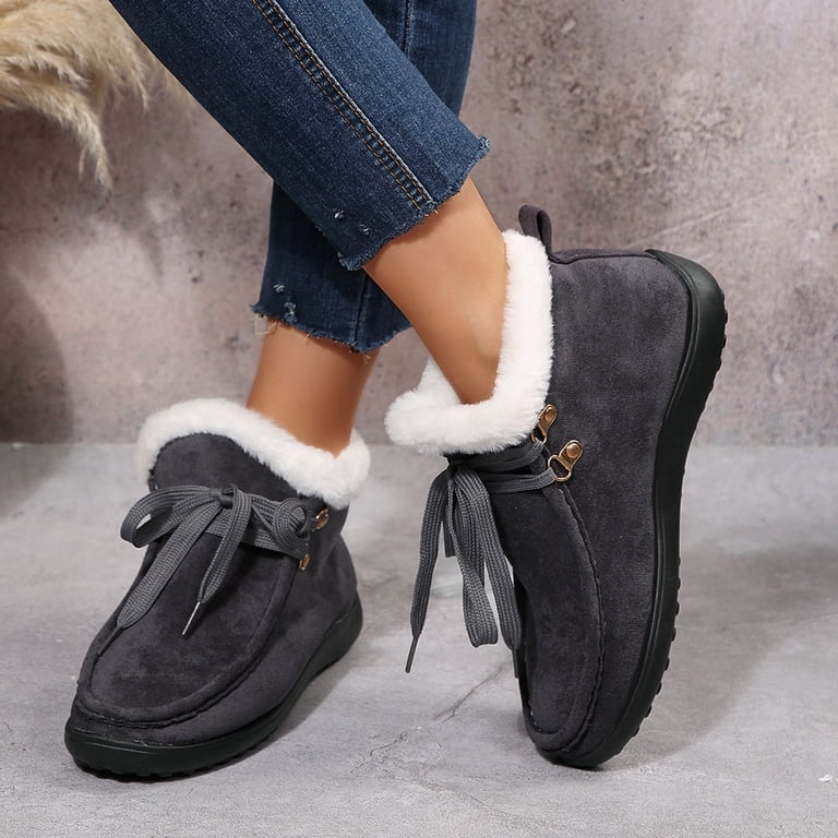 Wensltd Ankle Snow Boots for Women Wide Width Winter Warm Lined Comfortable Lace Up Flat Booties Shoes