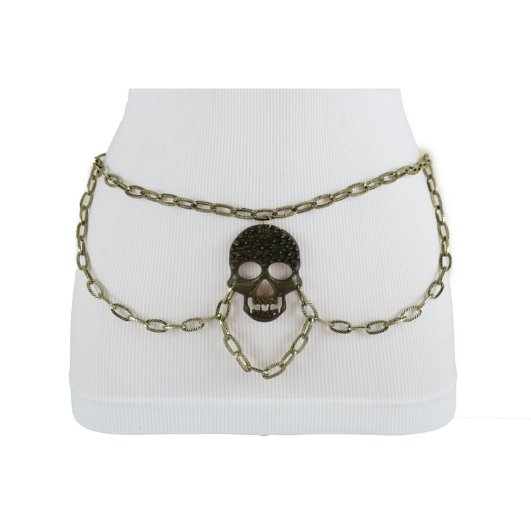 Women Gold Metal Chain Punk Rock Belt Skull Spike Charm XS S M 
