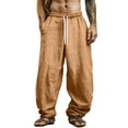 thumbnail image 2 of Domuza Mens Casual Linen Pants Loose Fit Elastic Drawstring Waist Straight-Legs Summer Yoga Beach Long Pants Earthy Yellow M, 2 of 5