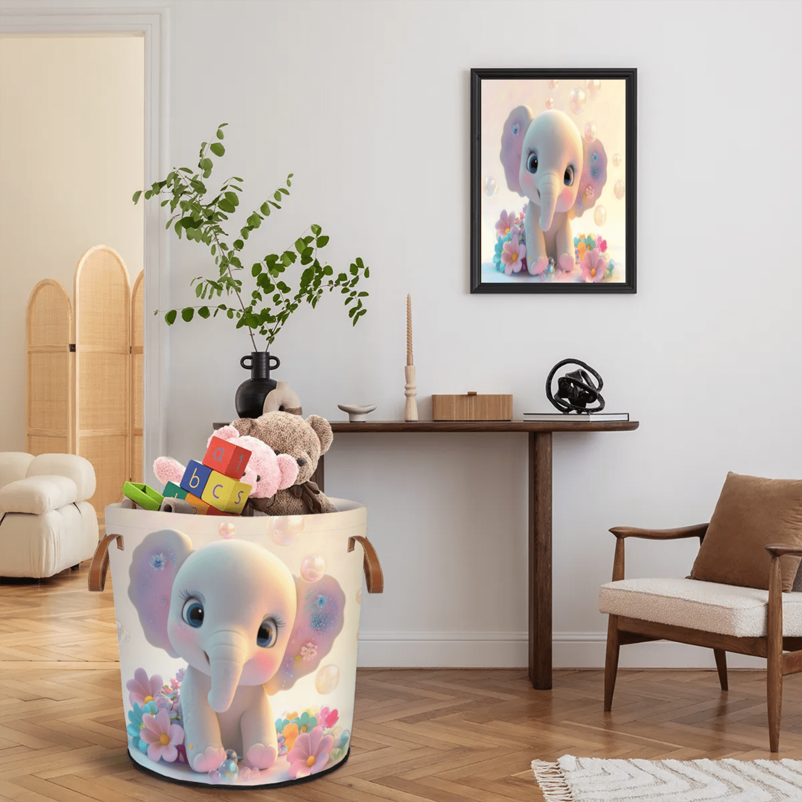ADECORIVY Cute Baby Elephant Laundry Basket Flowers Waterproof Collapsible Hamper With Handles Oxford Cloth Dirty Clothes Tote for Bathroom, Bedroom, Living Room