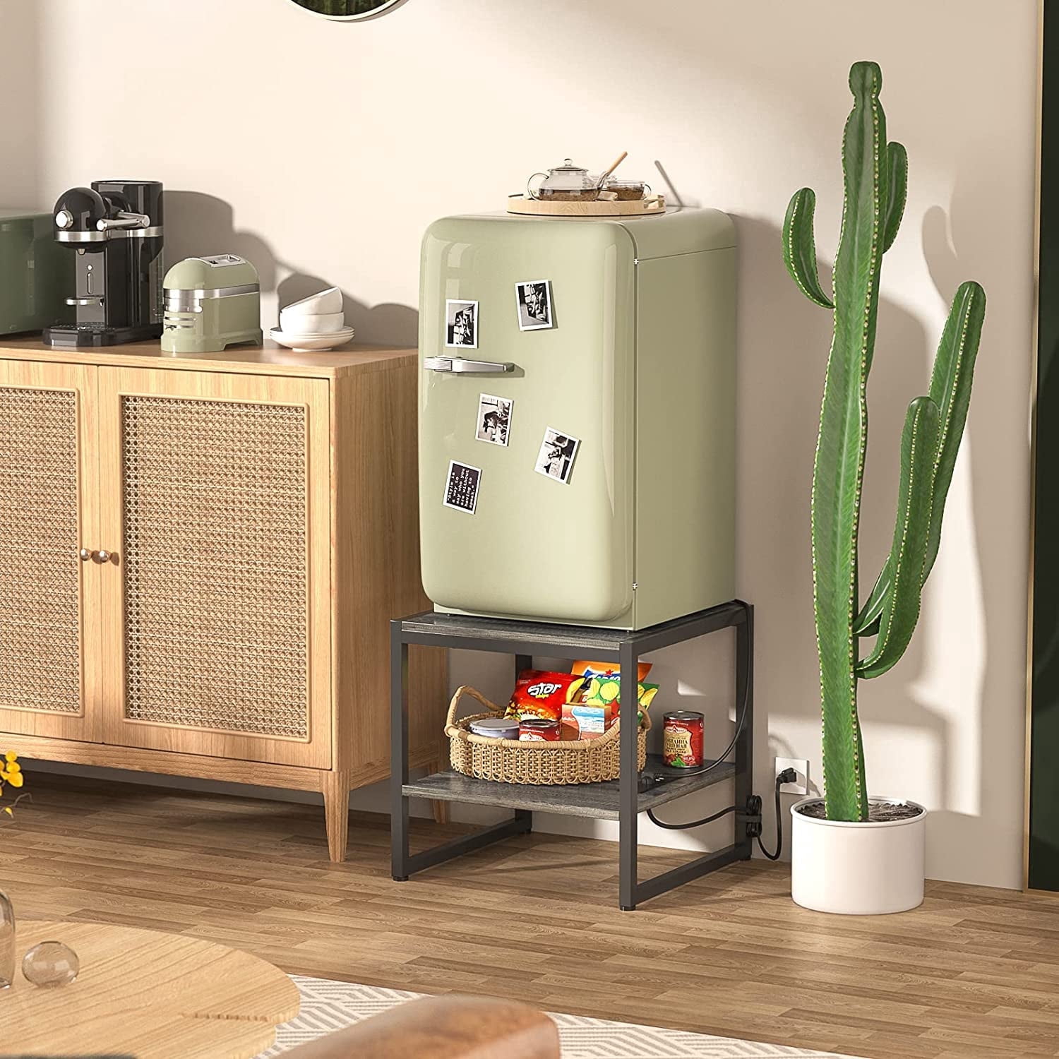 iSunirm Mini Refrigerator Stand with Charging Station, 2-Tier Portable Fridge Table with Storage for Dining, Kitchen, Living Room, Gray Oak