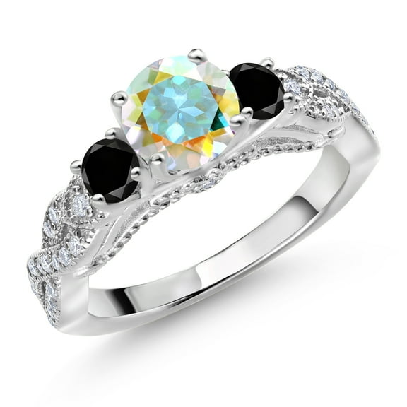 Gem Stone King 925 Sterling Silver Mercury Mist Mystic Topaz Black Diamond and White Moissanite Engagement Ring for Women (1.47 Cttw, Gemstone, Round 6MM and 3MM, Size 8)