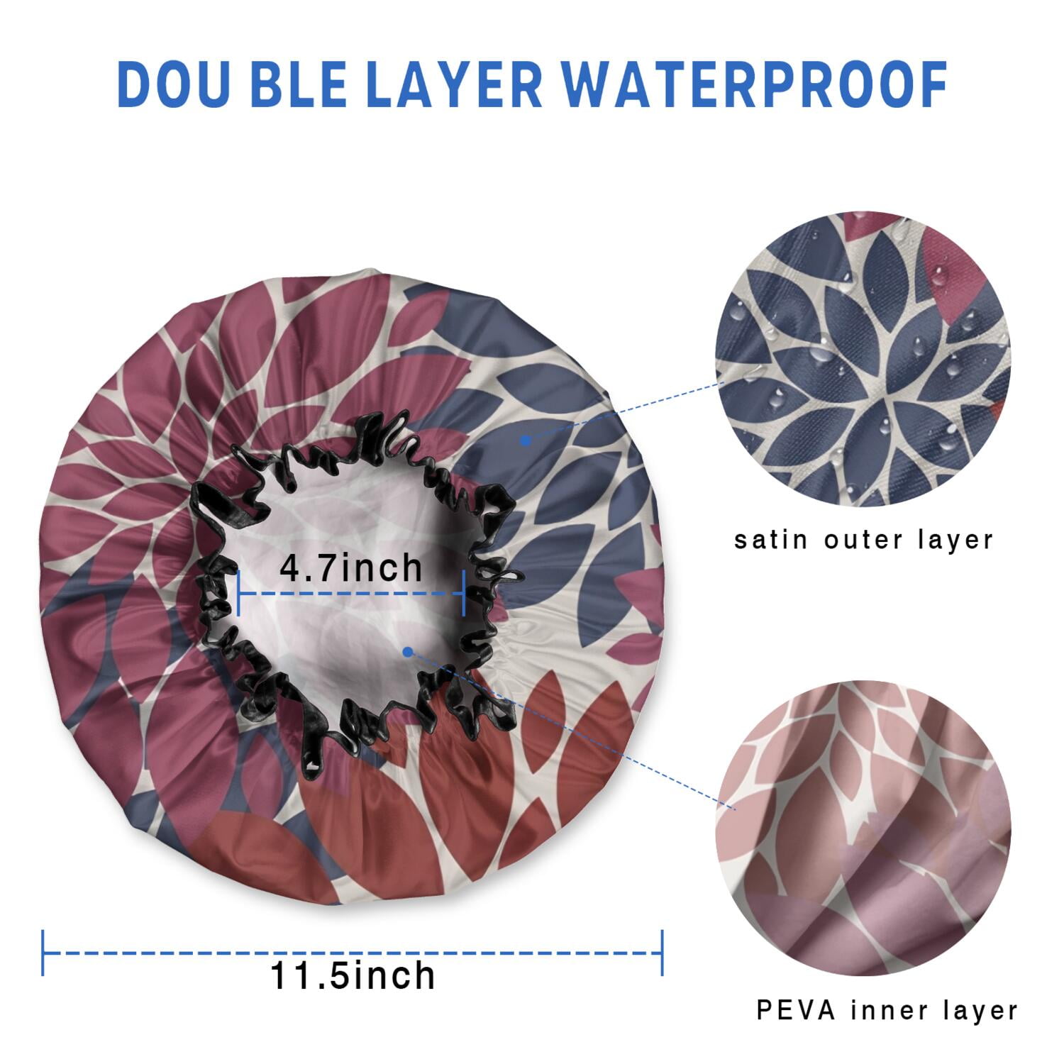 Shower Caps,Red and Blue Floral Pattern Waterproof Shower Cap for Women 4 Pieces,Double Reusable Hair Cover for Shower PEVA Elastic Stretch Hem