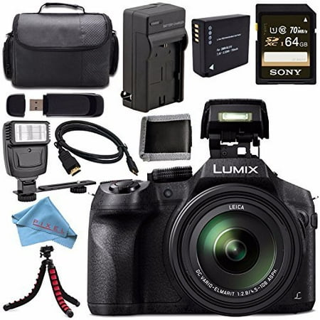 Panasonic Lumix DMC-FZ300 DMC-FZ300K Digital Camera + DMW-BLC12 Lithium Ion Battery + Charger + Sony 64GB SDXC Card + Case + Tripod + Micro HDMI Cable + Memory Card Wallet + Flash