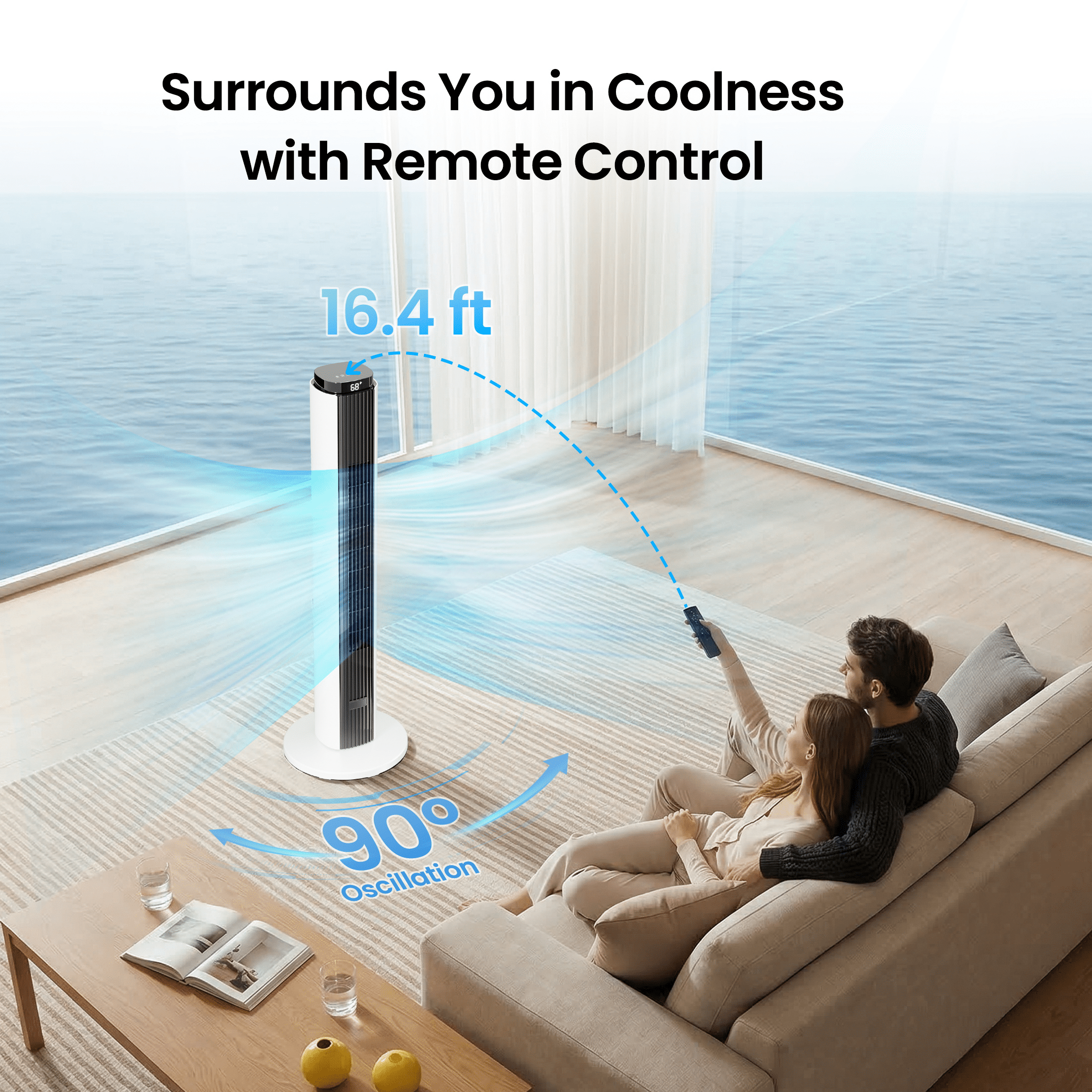 KISSAIR 37" Tower Fan with Remote, 6 Speeds, 4 Fan Modes with LED Display, 12H Timer, 90°Oscillation Fans,  Speeds Adjustable, Remote Control Suitable for Home/Bedroom/Office, Black-White mix