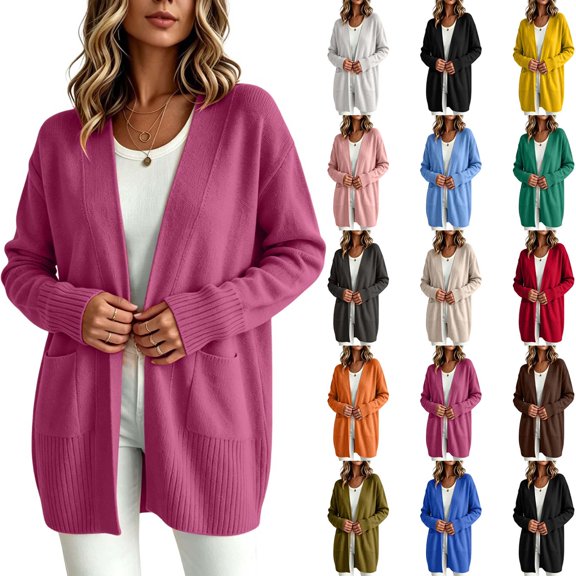DYTTDG Women's Open Front Knit Cardigan, Solid Long Sleeve Ribbed Cuff Hem Side Pocket Loose Mid Length Casual Layering Outerwear Sweater